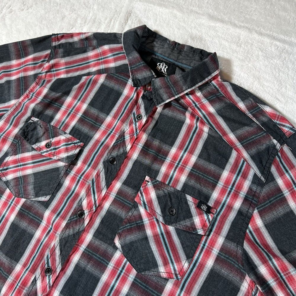 Rock & Republic Mens XL Red Black Plaid Short Sleeve Button Down Shirt Pockets